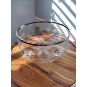Vintage Etched Glass footed bowl with silver rim